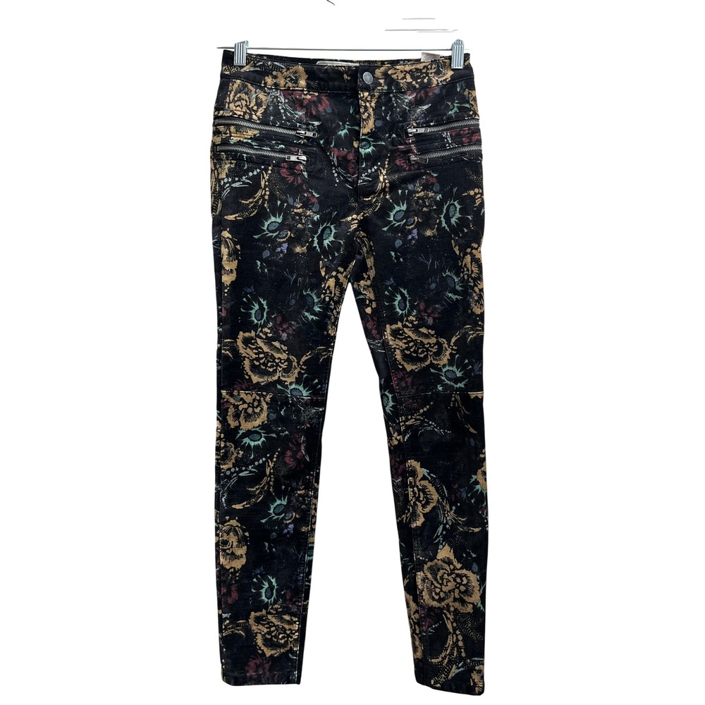 Free People Black Floral Velvet Skinny Pants Moto‎ Zippers Size 4